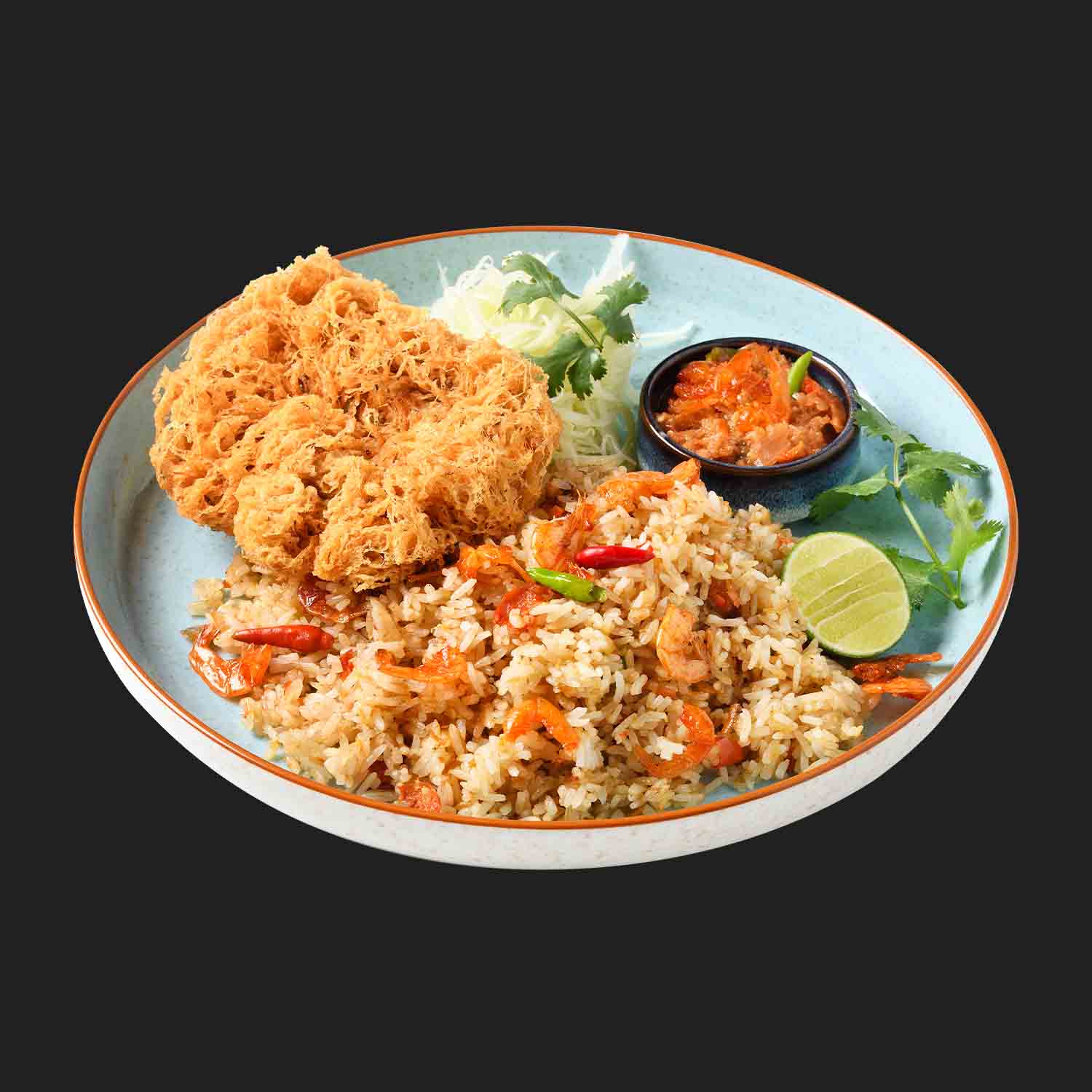 ข้าวผัดน้ำพริกกุ้งเสียบแซลมอนฟู